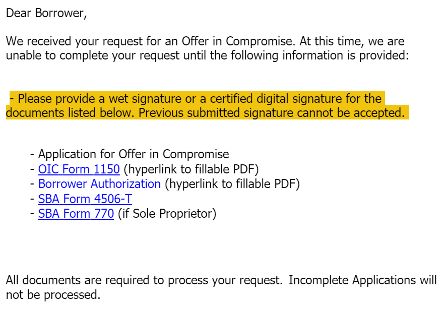 Email from SBA asking for a "wet" certified digital signature. 